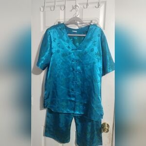 Blue Woman's Oriental Kimono Top and Pant Pajama Set Size XXL
